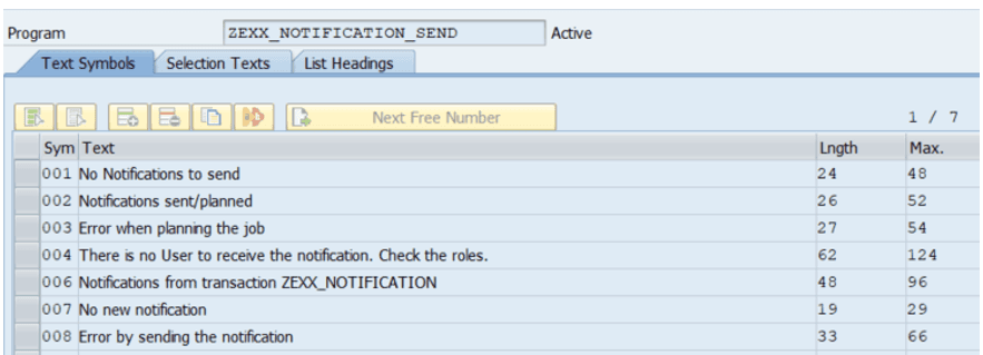 An image shows the text symbol tab of ZEXX Notification Send