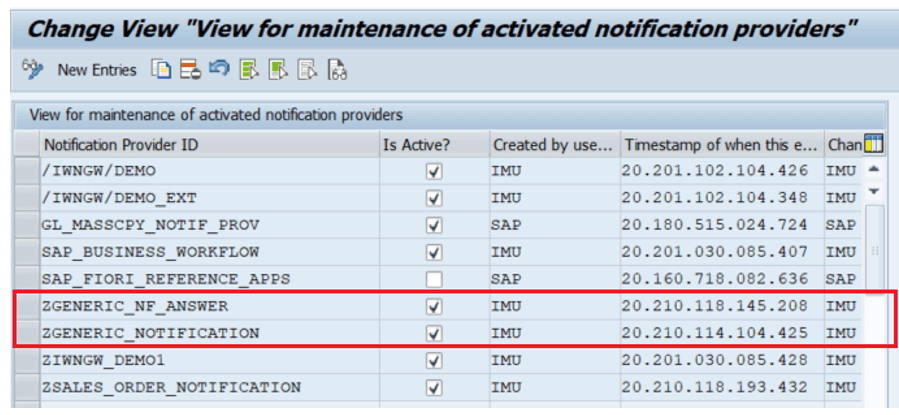 An image shows the view for maintenance of activated notification providers. The Provider with the ID ZGENERIC NF ANSWER and the provider with the ID ZGENERIC NOTIFICATION are highlighted.
