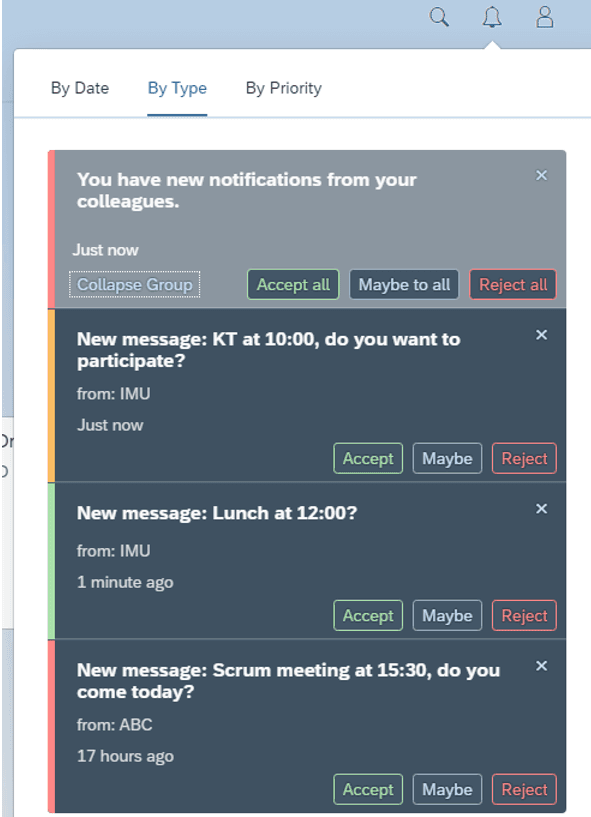 An Image shows multiple notifications that are combined in a group notification. The group notification has buttons to perform the Accept, Maybe and Reject actions on all its subnotifications.