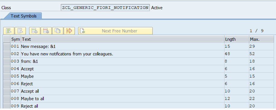 An image shows the text symbols tab of ZCL Generic Fiori Notification