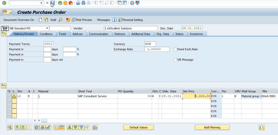 An image shows a created purchase order in ME21n